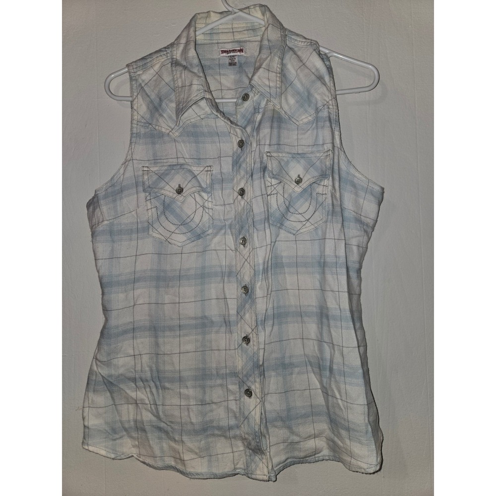 True Religion Womens XL Blue Plaid Sleeveless Western Button Down Shirt Top